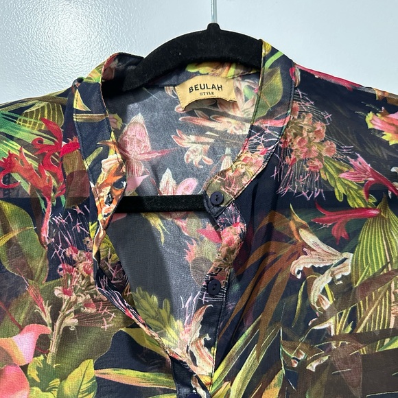 Beula Vibrant Tropical Floral Print on Silky Sheer Button Down - Picture 5 of 6